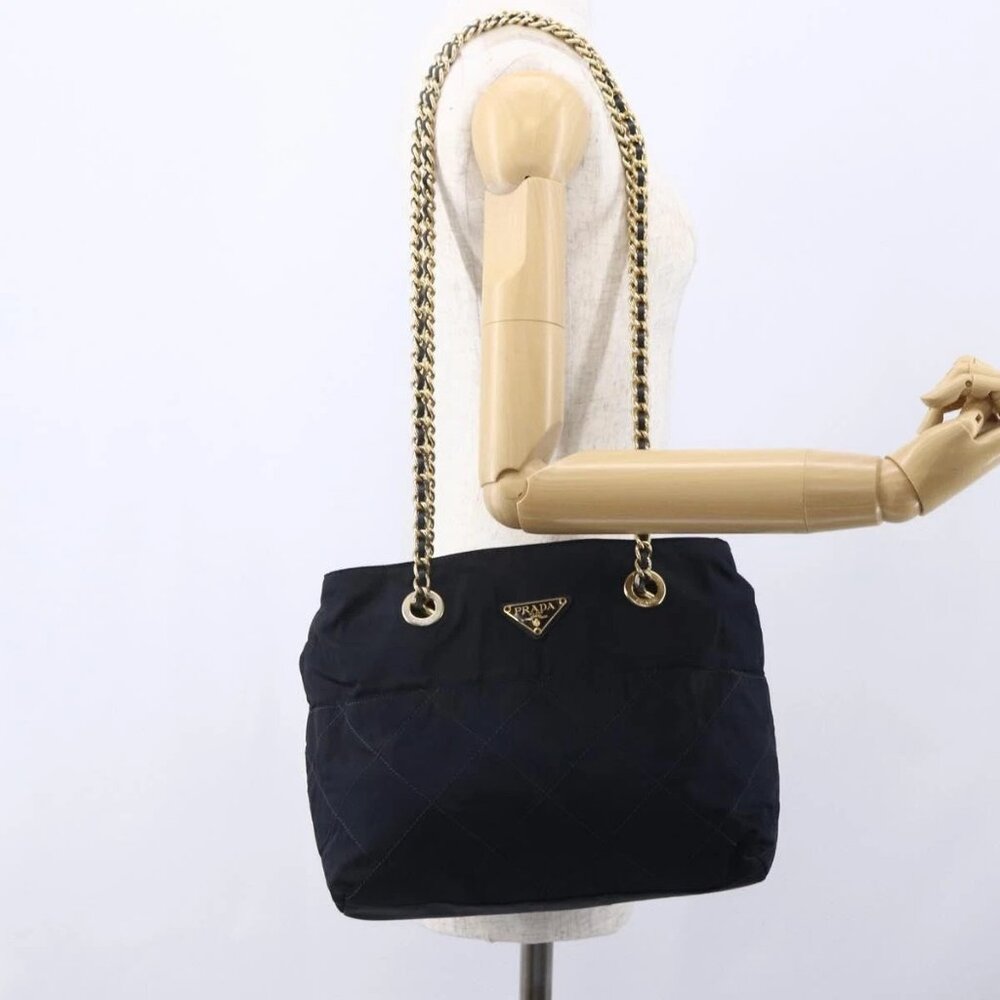 PRADA Chain Shoulder Bag Nylon Navy Gold